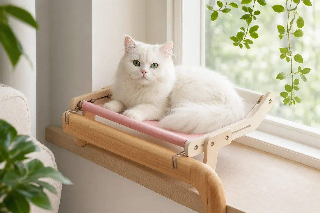 Wooden frame hammock clamped to a window sill, canvas taut