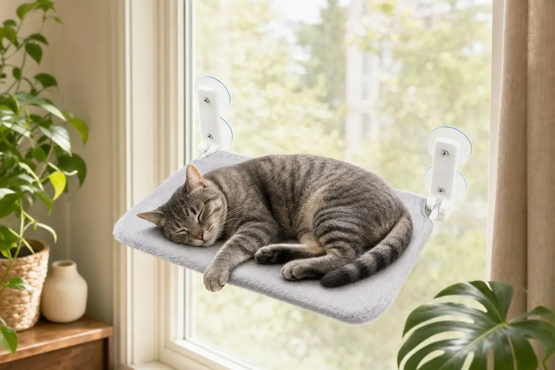 Cat lying on a suction-cup hammock in front of a closed window