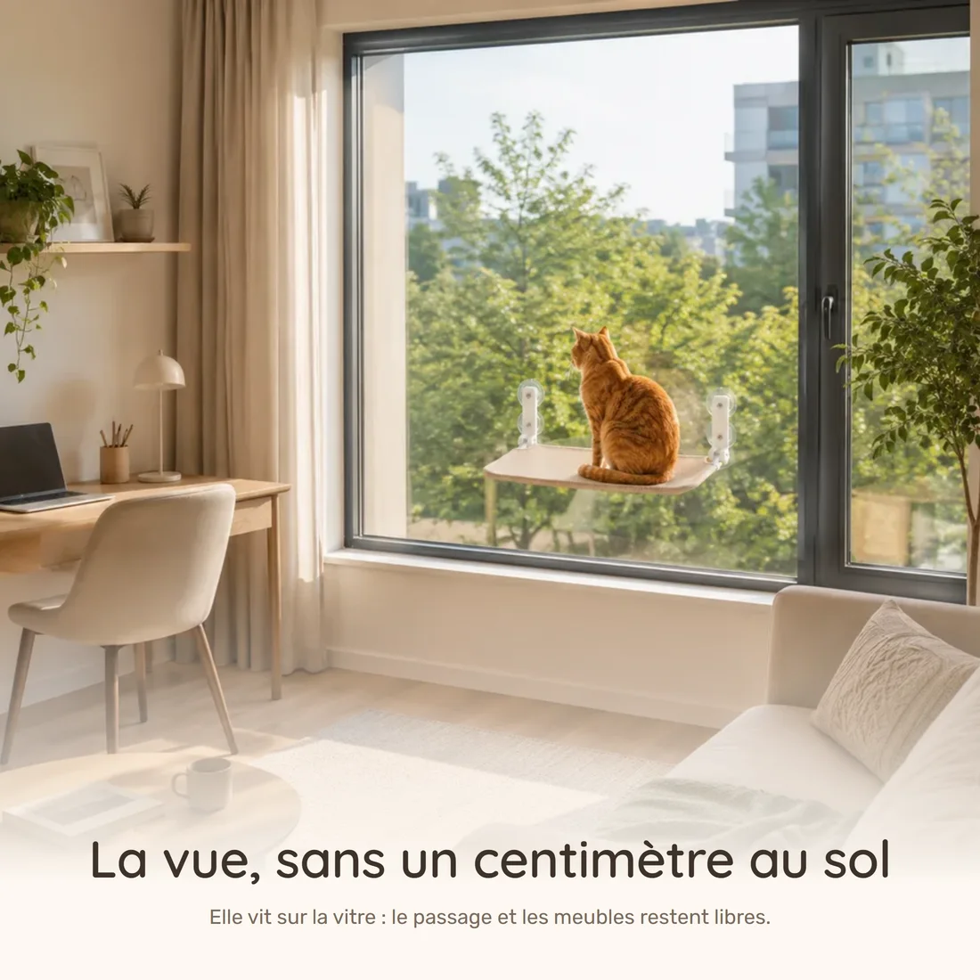 The view, without an inch of floor space — the platform fitted to the window of a small studio, the walkway and the furniture left clear