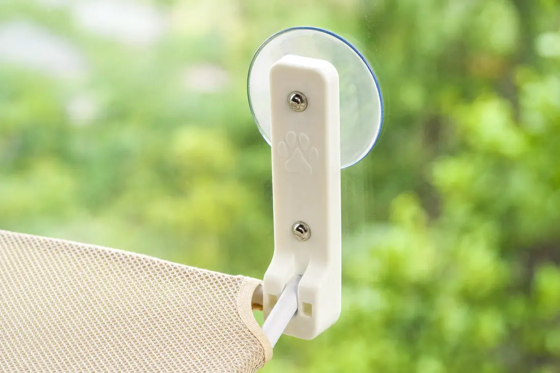 Close-up of a suction cup pressed to glass, hammock arm visible