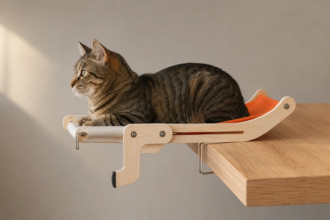 Side view of the orange canvas perch loaded by a tabby cat, the canvas dips but the frame stays straight