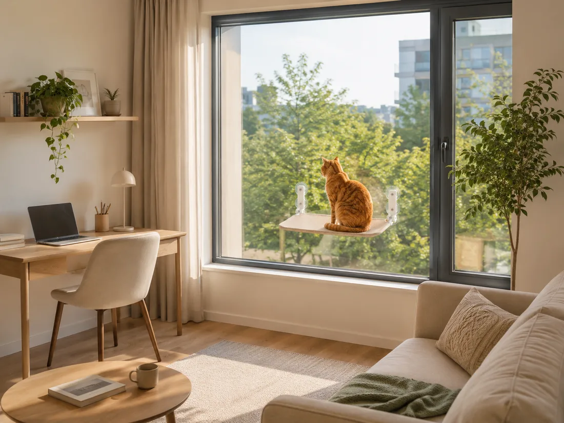 Compact studio where the beige platform turns the window into a bed, a cat sitting on it, the floor clear