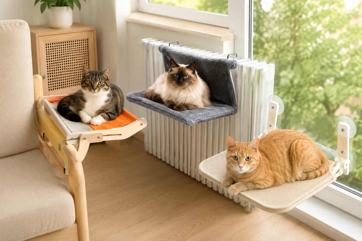 Living room with all three models: orange wooden frame at the window, beige platform on the glass, black radiator bed